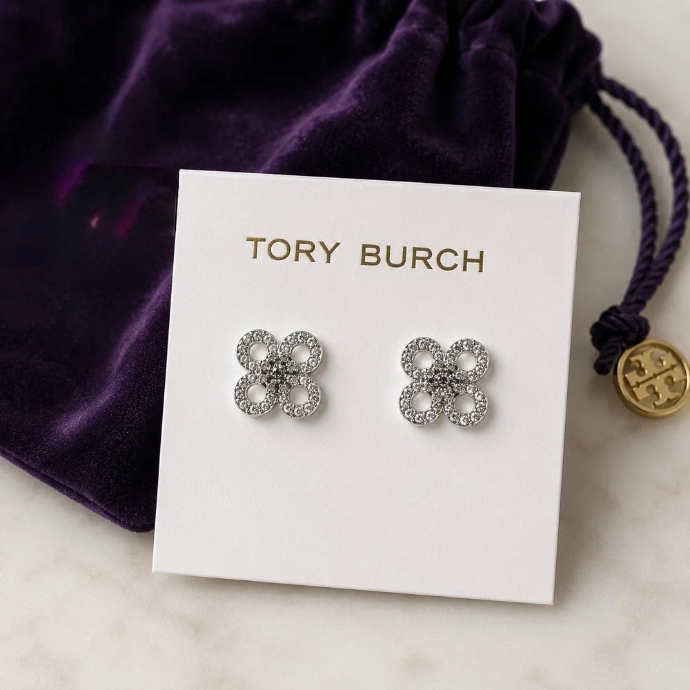 NWT Tory Burch Quatrefoil Silver Pave Stud Earrings / Dustbag Included/Brand New